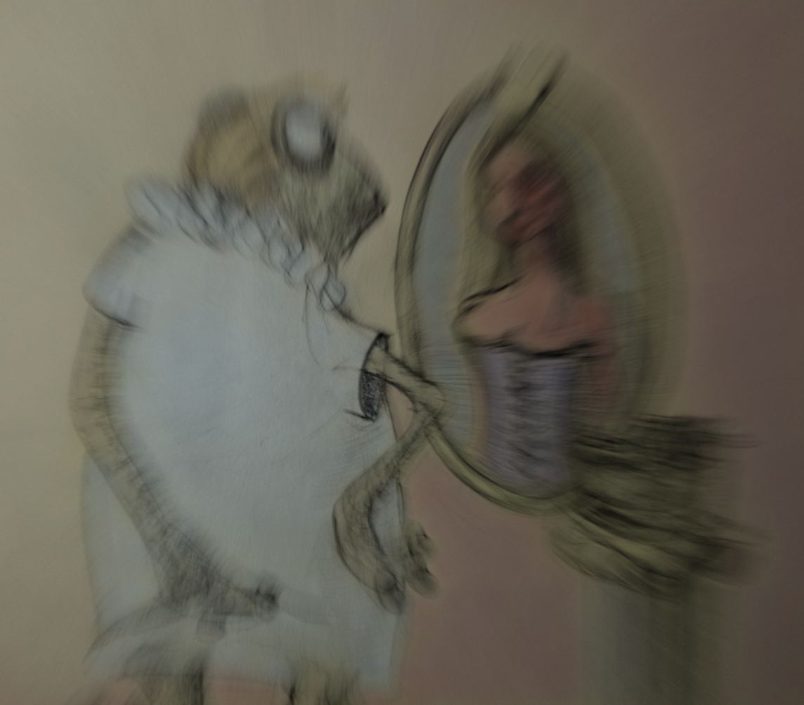 colourised photo (with motion blur) of pencil drawing of Trumpolino in front of the magic mirror